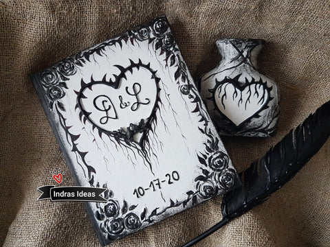 Dramatic Black & White heart with thorns and custom initials- Small and Large book and set