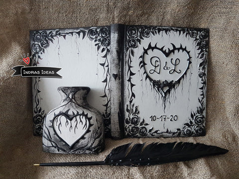 Dramatic Black & White heart with thorns and custom initials- Small and Large book and set