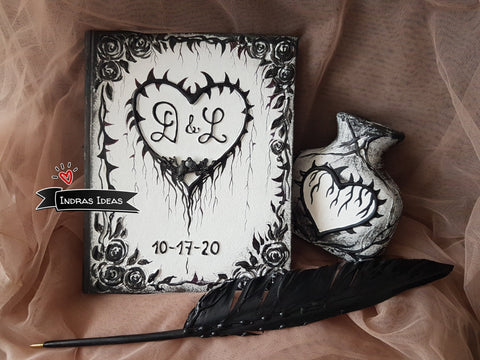 Dramatic Black & White heart with thorns and custom initials- Small and Large book and set