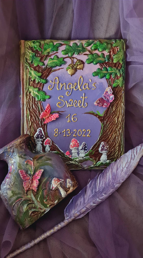 Purple Guest book with mushrooms and butterflies in a fairy forest. All Sizes Book and Set