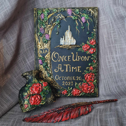 Black, red wedding guest book with castle. Large Books and Set