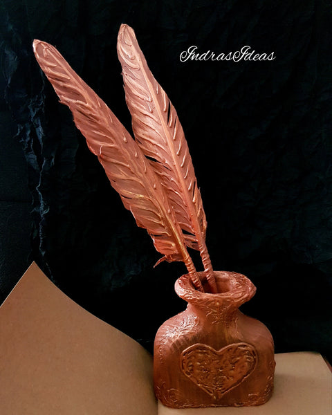 Copper feather Pen and Penholder Set.