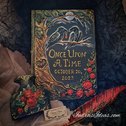 Two loving ravens on a tree. Black wedding guest book with two crow and red roses. Large book and set