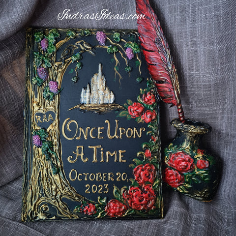 Black, red wedding guest book with castle. Large Books and Set