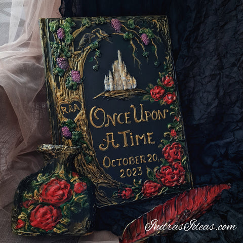 Black, red wedding guest book with castle. Large Books and Set