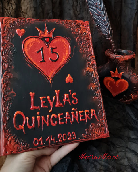 Gothic, dark fairytale Quince guest book, Personalized red heard guest book and set. A4 A5