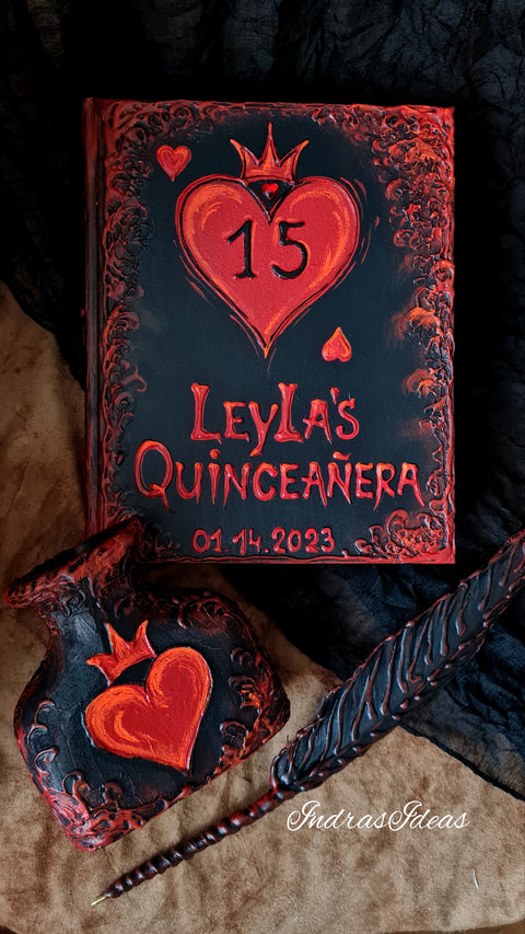 Gothic, dark fairytale Quince guest book, Personalized red heard guest book and set. A4 A5