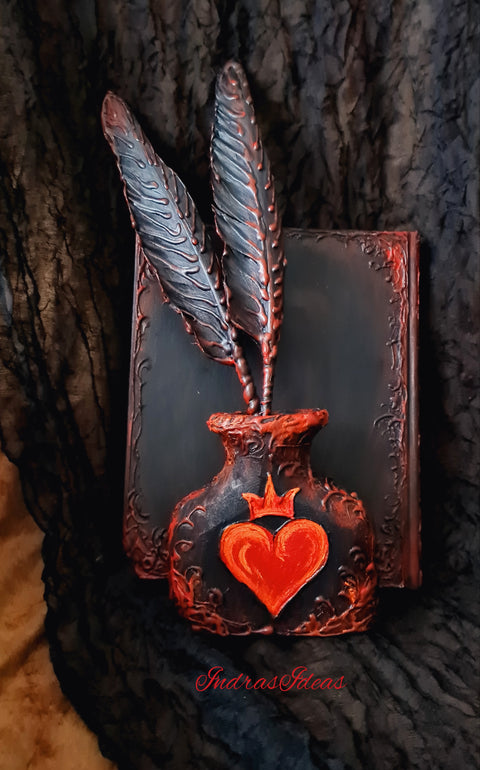 Black and red heart pen and penholder set, gothic event decor.