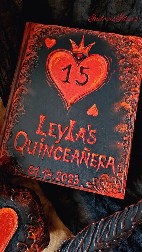 Gothic, dark fairytale Quince guest book, Personalized red heard guest book and set. A4 A5