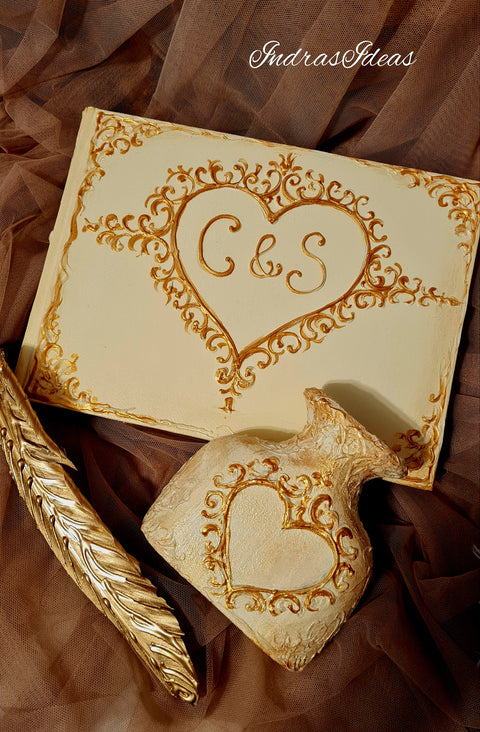 Ivory gold, heart initial guest book, classic, Vintage style Slim guest book and Set.