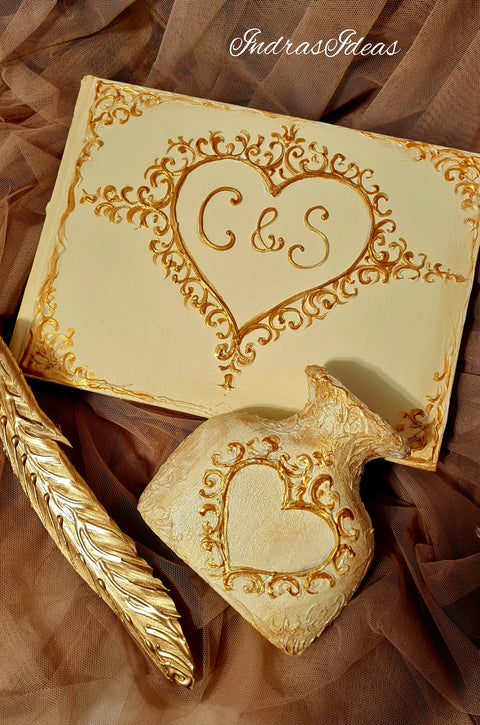 Ivory gold, heart initial guest book, classic, Vintage style Slim guest book and Set.