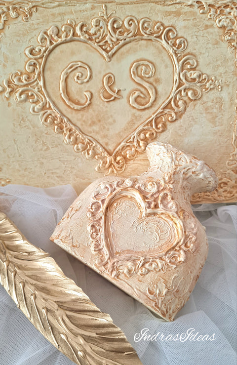 Ivory gold, heart initial guest book, classic, Vintage style Slim guest book and Set.