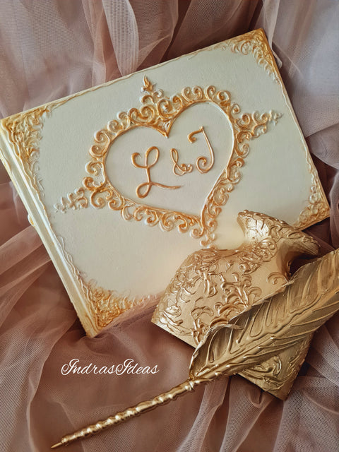 Ivory gold, heart initial guest book, classic, Vintage style Slim guest book and Set.