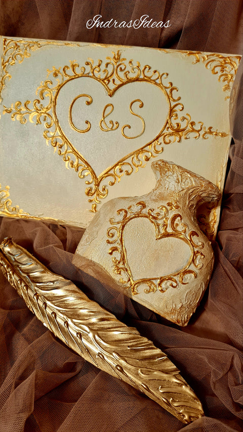 Ivory gold, heart initial guest book, classic, Vintage style Slim guest book and Set.
