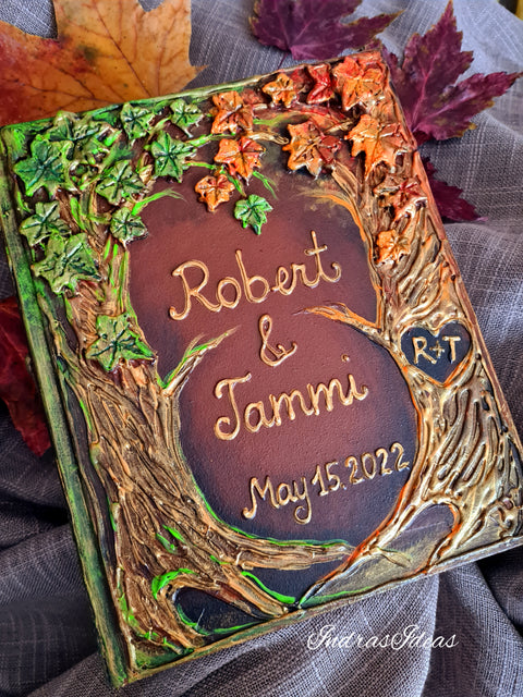 Colorful tree with initials, fall event guest book, wedding, quinceanera guest book. All size book and set.