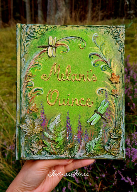 Handmade 3D sculpted enchanted fairy garden Quinceanera guest book in green with dimensional dragonflies, ferns, and personalized gold lettering
