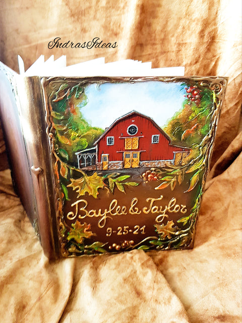 Personalized Country Barn Wedding guest book, rustic event place guest book. All size book and set & custom venue .