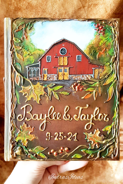 Personalized Country Barn Wedding guest book, rustic event place guest book. All size book and set & custom venue .