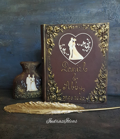 Wedding Couple silhouette in heart guest book. Bride and Groom guest book. S/L book and set
