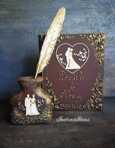 Wedding Couple silhouette in heart guest book. Bride and Groom guest book. S/L book and set