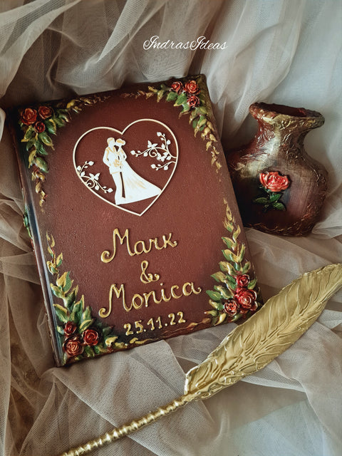 Couple silhouette in heart guest book. Red roses, brown, gold decor. S/L books un sets