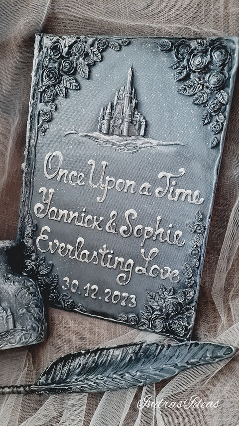 Silver, winter wedding guest books with a castle. Book and set.
