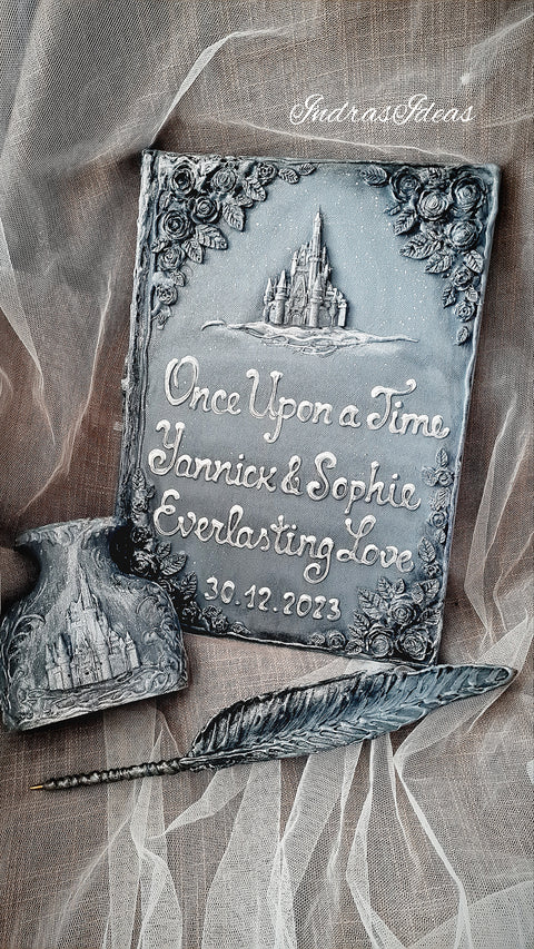 Silver, winter wedding guest books with a castle. Book and set.