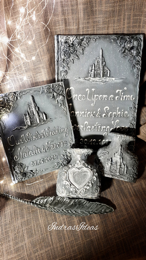 Silver, winter wedding guest books with a castle. Book and set.