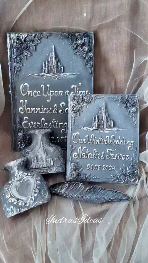 Silver, winter wedding guest books with a castle. Book and set.