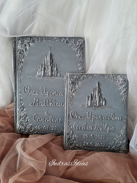 Silver, winter wedding guest books with a castle. Book and set.