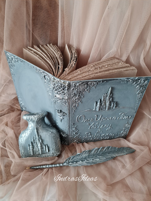 Silver, winter wedding guest books with a castle. Book and set.