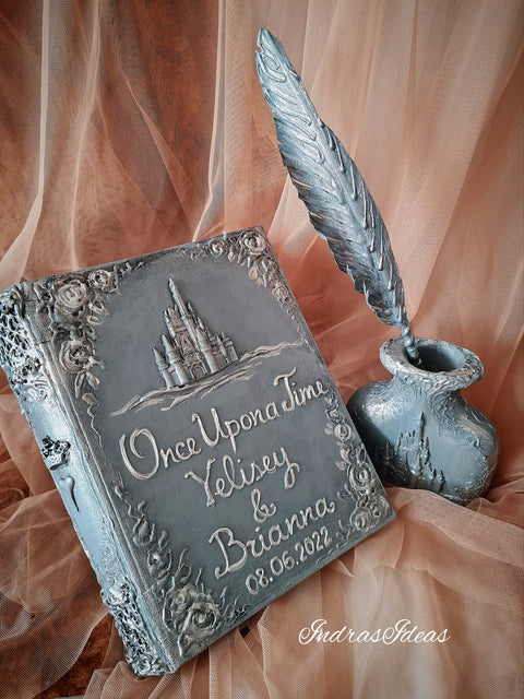 Silver wedding guest book and set. Personalized guest book with castle