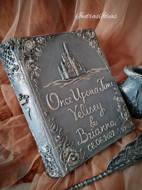 Silver wedding guest book and set. Personalized guest book with castle