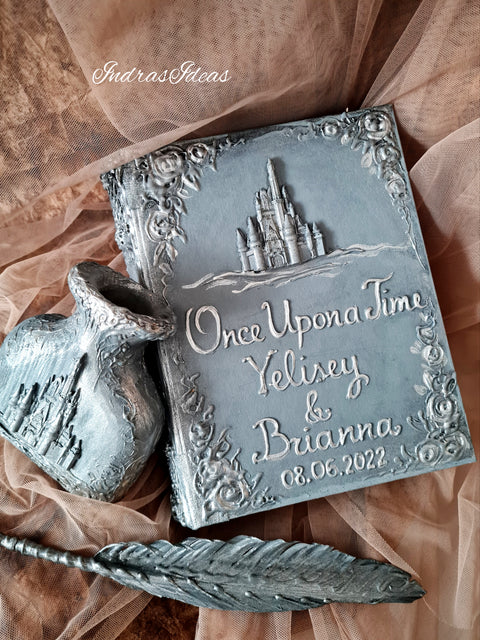 Silver wedding guest book and set. Personalized guest book with castle