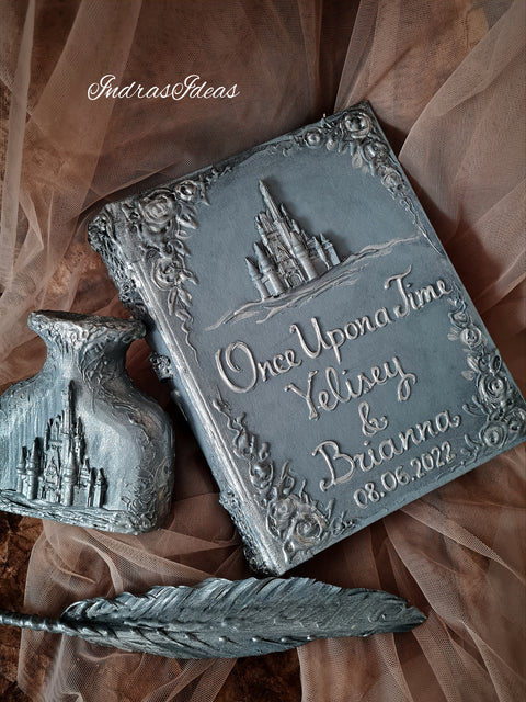 Silver wedding guest book and set. Personalized guest book with castle