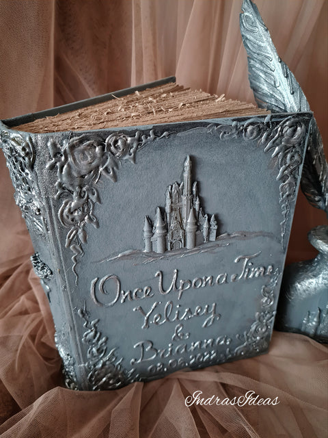 Silver wedding guest book and set. Personalized guest book with castle