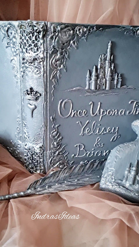 Silver wedding guest book and set. Personalized guest book with castle