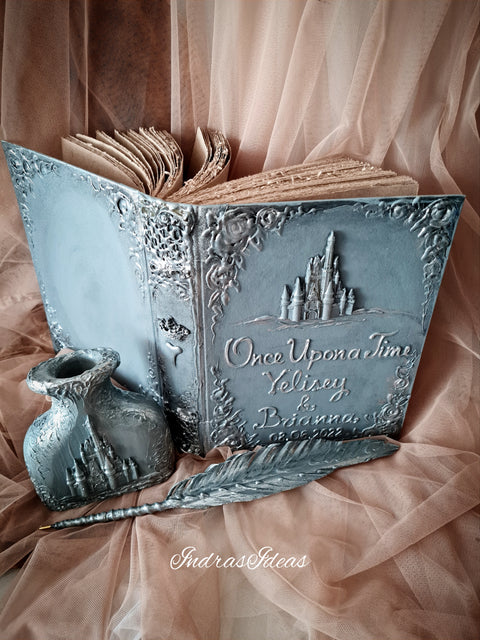 Silver wedding guest book and set. Personalized guest book with castle
