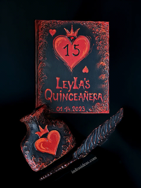 Gothic, dark fairytale  Quince guest book, Personalized red heard guest book and set. A4 A5