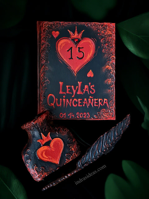 Gothic, dark fairytale  Quince guest book, Personalized red heard guest book and set. A4 A5