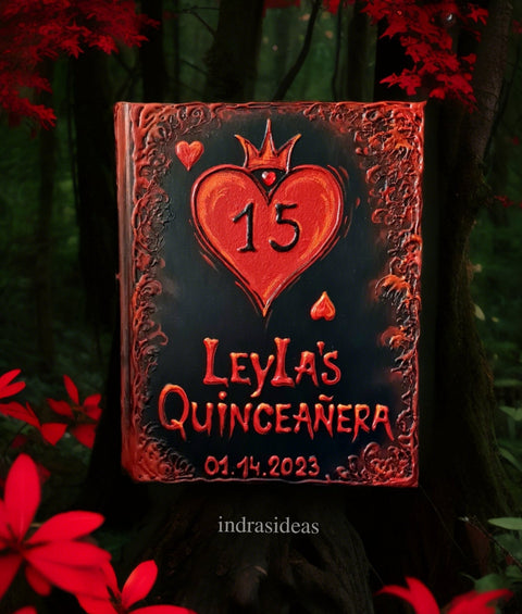 Handcrafted 3D sculpted Queen of Hearts Quinceanera guest book in red and black with crowned heart and personalized name Leyla