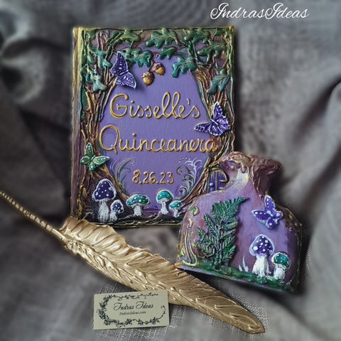 Purple Guest book with mushrooms and butterflies in a fairy forest. All Sizes Book and Set