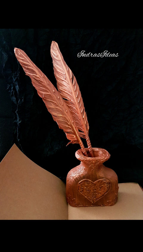 Copper feather Pen and Penholder Set.
