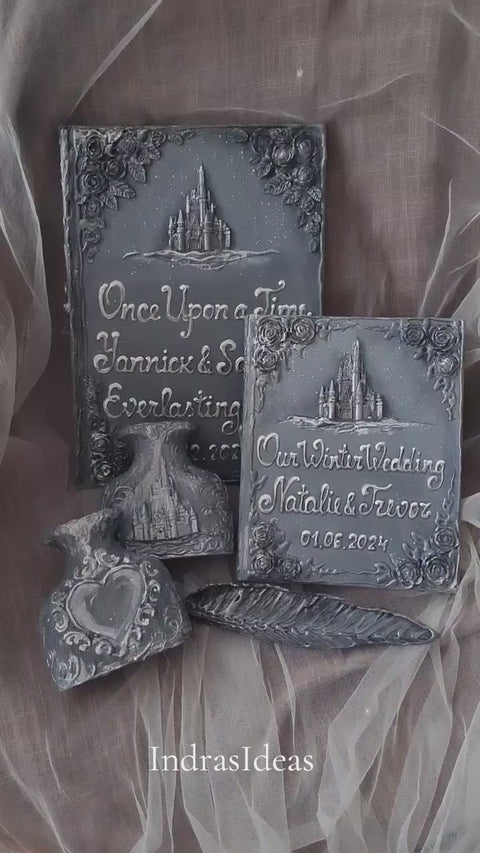 Silver, winter wedding guest books with a castle. Book and set.