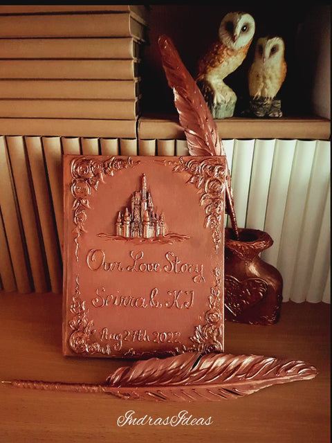 Rustic, copper wedding guest book with castle. Book and set -book, feather pen and penholder