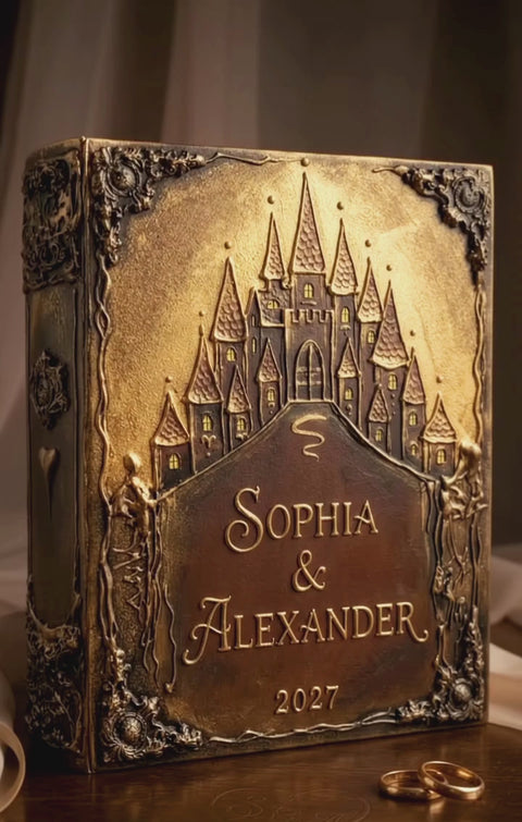 Personalized fairytale castle wedding guest book with vintage gold embossed cover, customized with names Sophia & Alexander and wedding rings