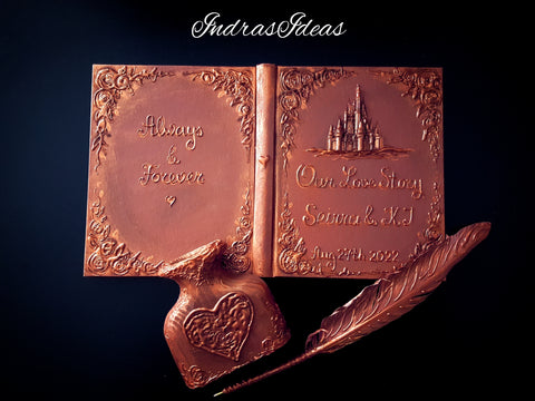 Rustic, copper wedding guest book with castle. Book and set -book, feather pen and penholder