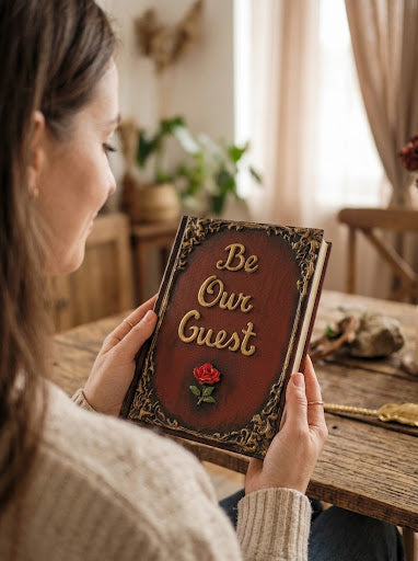 A woman in a cream knit sweater holds a decorative brown leather-bound book or journal with gold lettering that reads 'Be Our Guest' and a small red rose on the cover, set in a warm, softly lit room.