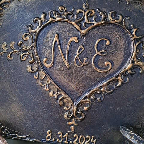 Handcrafted sculpted 3D relief wedding guest book cover with custom monogram and wedding date