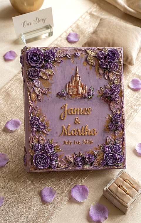 Personalized Purple Fairy Tale Wedding Guest Book – 3D Castle & Floral Memory Book